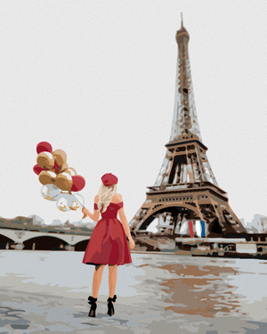 Goblen cu diamante - FEMEIE CU BALOANE PRIVIND TURNUL EIFFEL