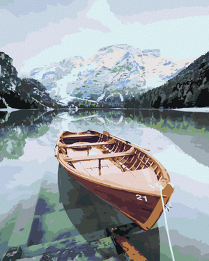 Goblen cu diamante - BARCĂ DE LEMN PE UN LAC ALPIN