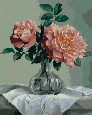 Goblen cu diamante - NATURĂ MOARTĂ, TRANDAFIRI ROZ ÎNTR-O VAZĂ DE STICLĂ (PIETER WAGEMANS)