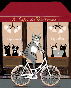 Goblen cu diamante - PISICĂ PE BICICLETĂ ÎN FAȚA CAFENELEI
