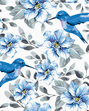 Goblen cu diamante - FLORI ALBASTRE ȘI PĂSĂRI COLIBRI