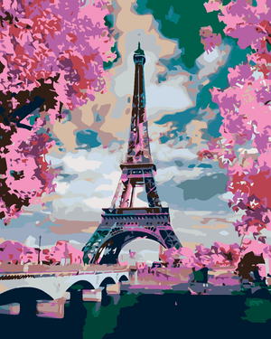 Pictură pe numere - TURNUL EIFFEL ÎNCONJURAT DE COPACI CU FRUNZE ROZ