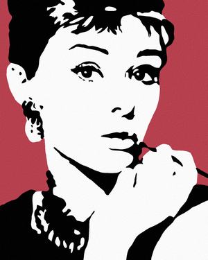 Goblen cu diamante - AUDREY HPBURN PE FUNDAL ROȘU