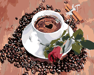 Pictură pe numere - O CEAȘCĂ DE CAFEA ÎNCONJURATĂ DE BOABE DE CAFEA ȘI UN TRANDAFIR