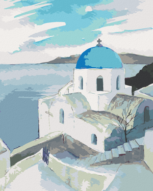 Goblen cu diamante - BISERICĂ CU DOM ALBASTRU DIN SANTORINI