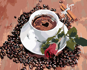 Pictură pe numere - O CEAȘCĂ DE CAFEA ÎNCONJURATĂ DE BOABE DE CAFEA ȘI UN TRANDAFIR